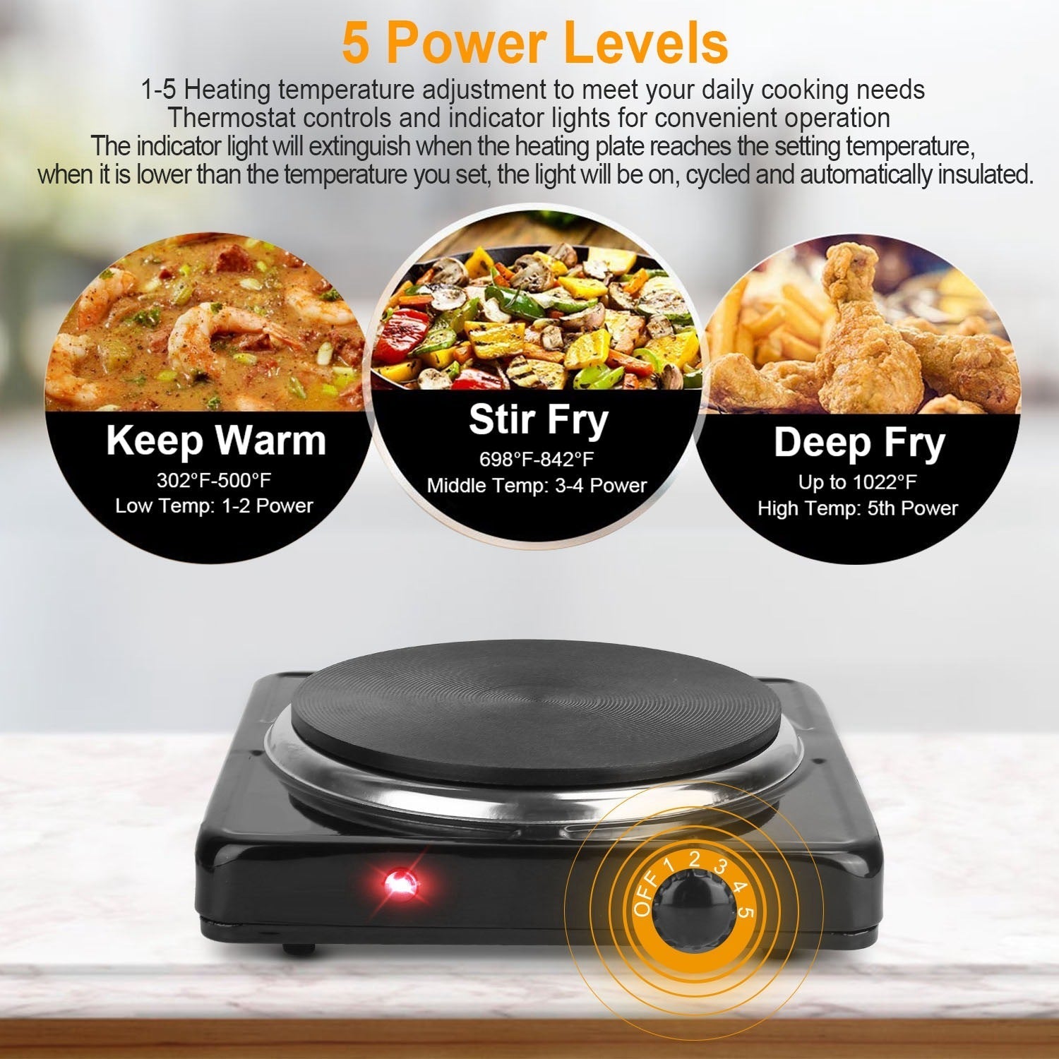 1500W Electric Single Burner Portable Heating Hot Plate Stove Countertop RV Hotplate With Non Slip Rubber Feet 5 Temperature Adjustments Pi-Mart