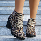 Fashoin Leopard Print Ankle Boots Winter Square Heel Suede Lace-up Zip Boots Women Casual Versatile Shoes Autumn And Winter Pi-Mart