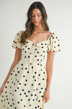 Polka Dot Puff Sleeve Midi Dress For Women – Vintage Fluttering Polka Dot Dress, Feminine Puff Sleeve Dress, Retro Midi Dress, Classic Chic Dress