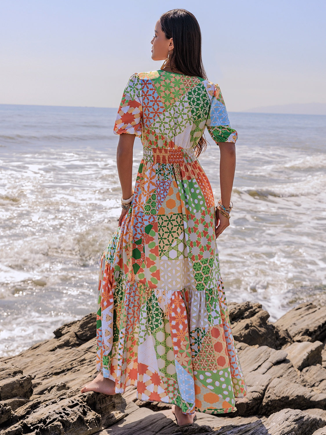 Printed Smocked Waist Short Sleeve Maxi Dress Elegant & Flowy Boho Style Dresses For Women