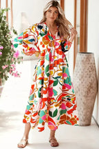 Orange Abstract Tie V Neck Tiered Maxi Dress