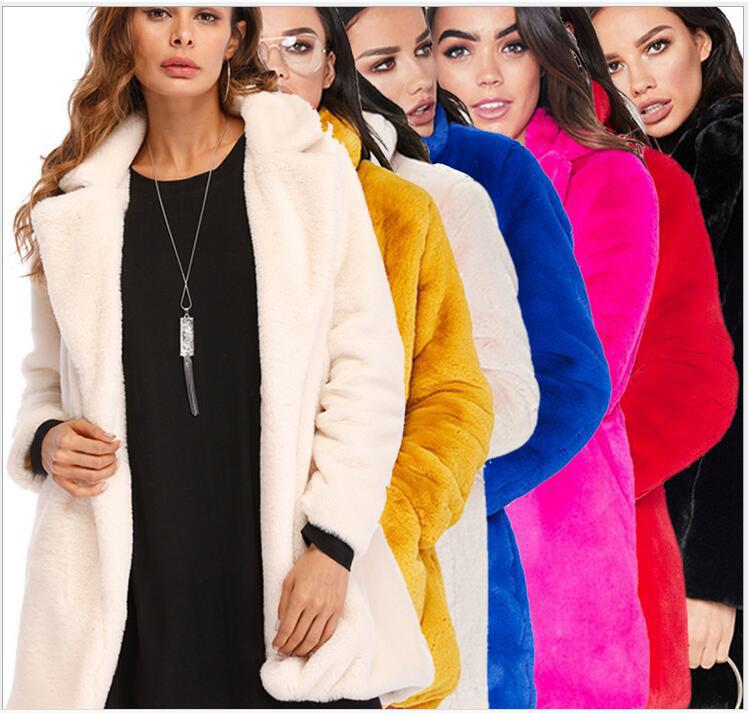 Women's Plus Size Faux Fur Coat - Long Sleeve Thick Winter Jacket in Black/Yellow/Rose Red (European & American Style)