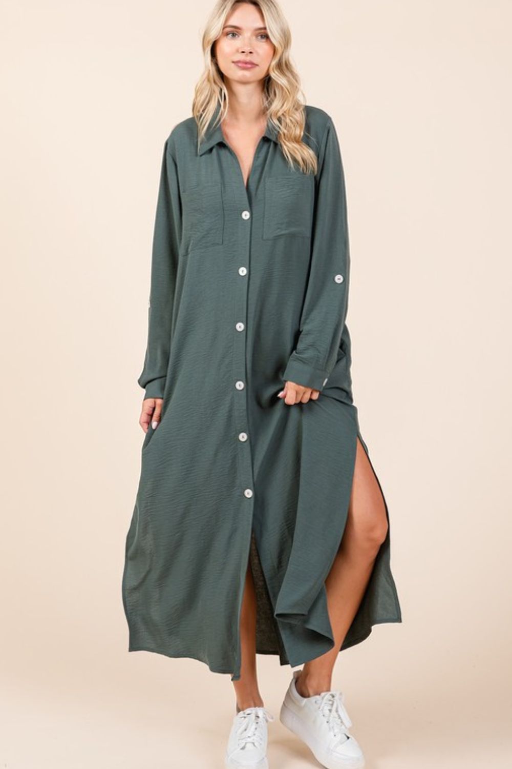 Airflow V-Neck Long Sleeve Button Down Maxi Dress For Women, Casual, Elegant and Versatile Maxi Dress with Button Detail and Slit for Effortless Style Stevvex