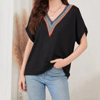 Women's Loose Fit Short Sleeved Breathable Casual Lace V-neck Shirt Top - SJB-DIAMOND ELITES