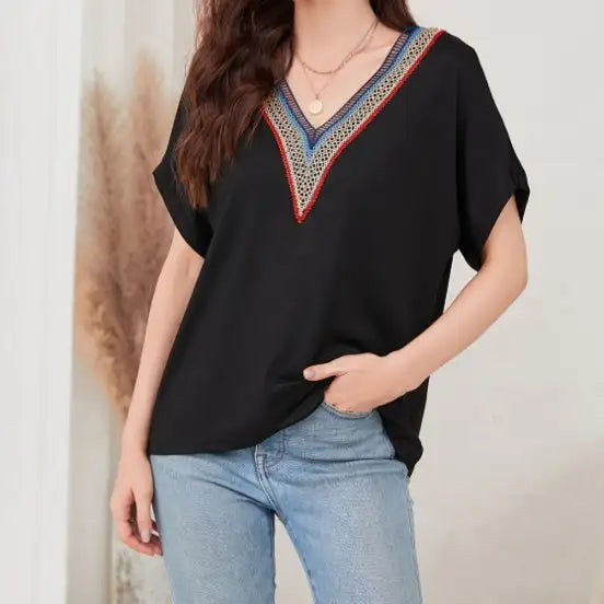 Women's Loose Fit Short Sleeved Breathable Casual Lace V-neck Shirt Top - SJB-DIAMOND ELITES
