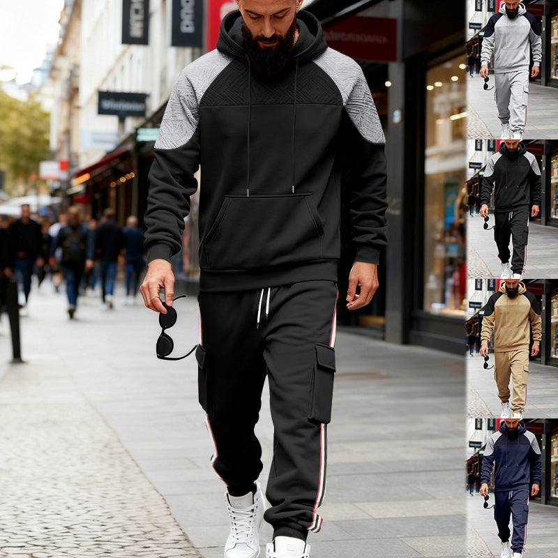 Loose Color-block Textured Hoodie And Sweatpants Casual Set