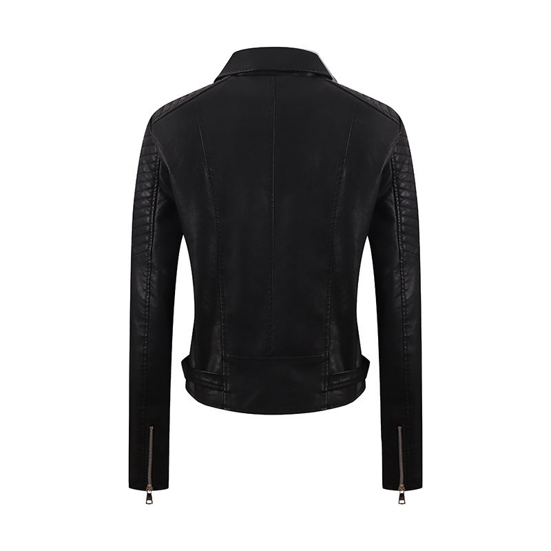 PU Women's Short Leather Oblique Pull Slim Motorcycle Clothing Washed Leather Jacket Pi-Mart