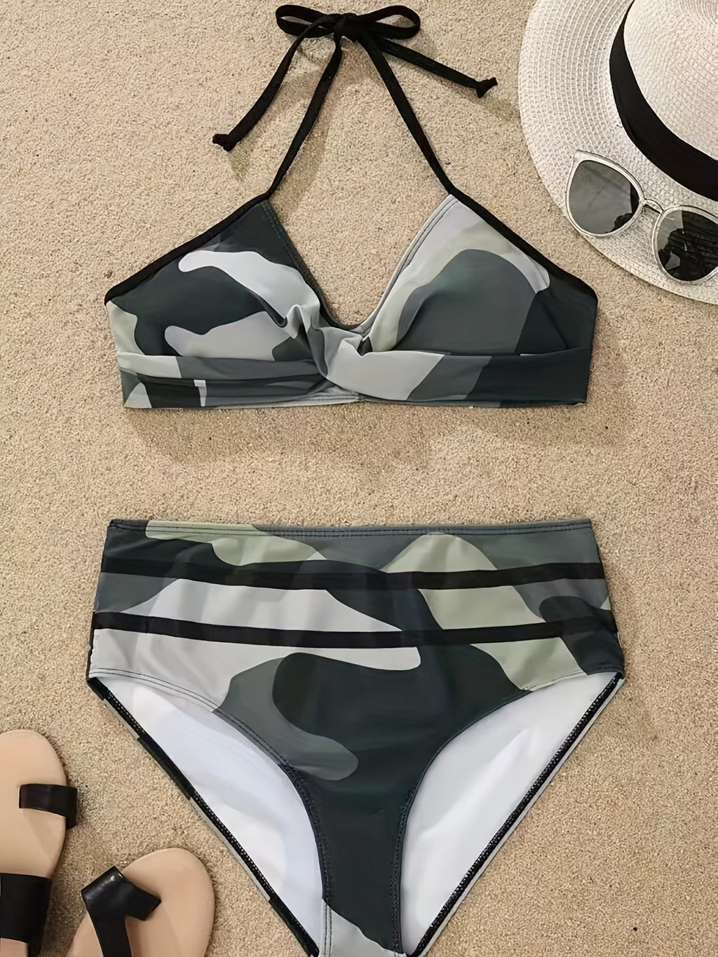 Bikini Camo Print 2 Piece High Cut Halter Swimsuit for Women – Vibrant V Neck Backless Bikini Set with Ruched Detail – Comfortable Stretchy Swimwear for Beach Pool and Summer Vacation Stevvex