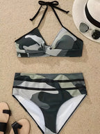 Bikini Camo Print 2 Piece High Cut Halter Swimsuit for Women – Vibrant V Neck Backless Bikini Set with Ruched Detail – Comfortable Stretchy Swimwear for Beach Pool and Summer Vacation Stevvex
