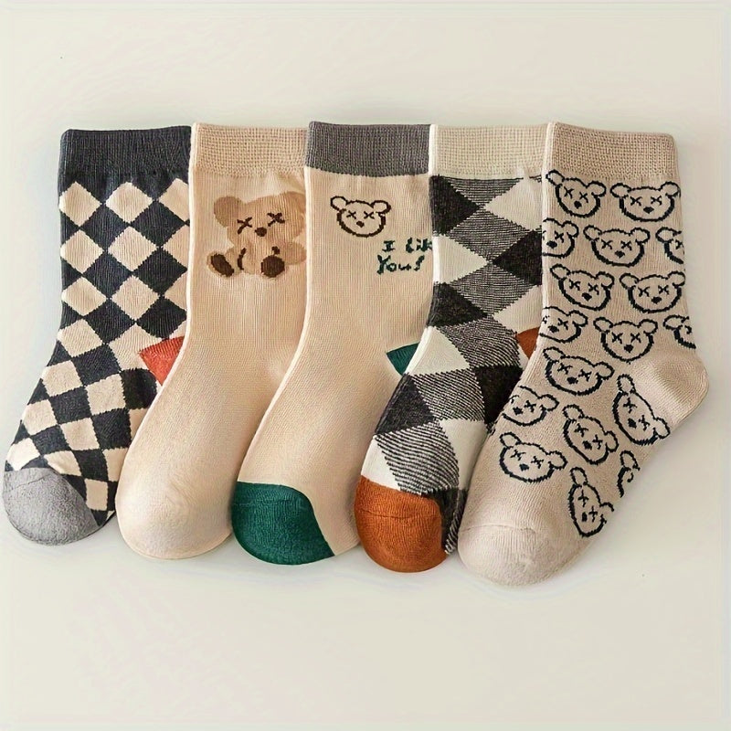 5 Pairs of Vibrant Cartoon Checkered Crew Socks for Boys - Calf Socks with Breathable, Comfy, Casual Style for Unisex Kids, Perfect for Outdoor Play All Seasons, Soft, Gentle, and Durable Lootquake LLC