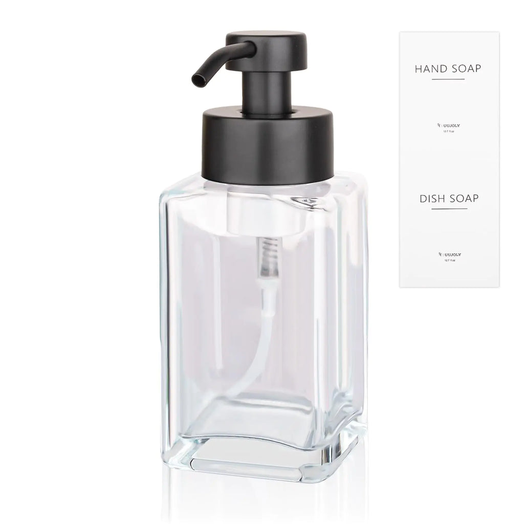 Foaming Soap Dispenser with Stainless Steel Pump 12oz Refillable Glass Liquid Dish Soap Bottles for Bathroom Kitchen Sink Home Decor