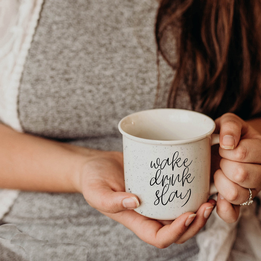 Wake Drink Slay 14.5oz Ceramic Campfire Mug Double-Sided Speckled White Sesame BandsCo Straps