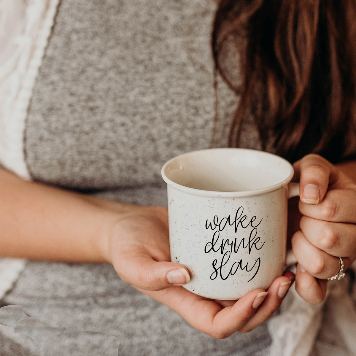 Wake Drink Slay 14.5oz Ceramic Campfire Mug Double-Sided Speckled White Sesame BandsCo Straps