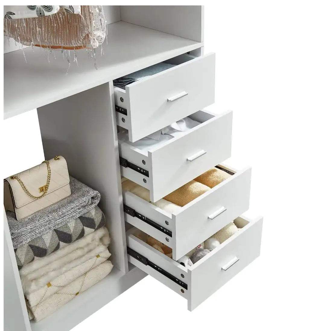 White Wood Closet System Storage Stand-Alone Wardrobe with 4 Drawers Closet Organizer Armoires and Wardrobeswith Hanging Rod 31.5"W x 15.7"D x 70.8"H Pi-Mart