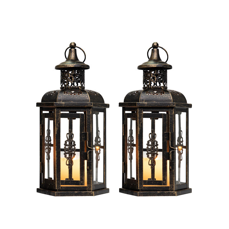 Set of 2 Decorative Lanterns -10 inch High Vintage Style Hanging Lantern Metal Candleholder White with Gold Brush Lootquake LLC