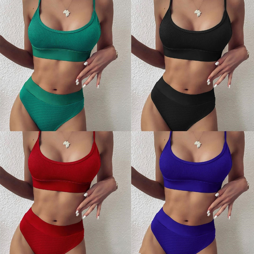 Women Bikini Sets Solid Color Ruffled Swimwear Bathing Suits 2 Piece Split Push Up Bandage Beachwear Women's Bikini Scoop Neck Straps Cutout Crop Top Lace Up Bottom Comfortable Two Piece Swimsuits Stevvex