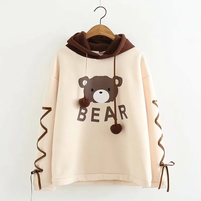 Woman Bear Cap Hoodies Sweatshirt Top Women Long Sleeve Ribbon Hair Ball Cute Sweatshirt Hooded Jumper Pullover Hoodie Hooded Sweatshirt Stevvex