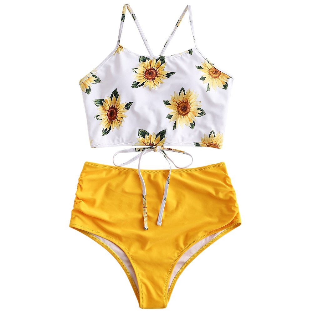 High Waist Bikini Sunflower Swimsuit Women Bikini Floral Swimsuit Floral Crop Tie Knot Front High Waist Bikini Set Two Piece Swimsuit For Women  Summer High Waisted Bathing Suit Stevvex