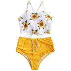 High Waist Bikini Sunflower Swimsuit Women Bikini Floral Swimsuit Floral Crop Tie Knot Front High Waist Bikini Set Two Piece Swimsuit For Women  Summer High Waisted Bathing Suit Stevvex