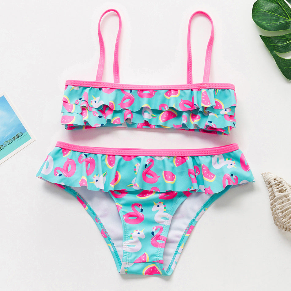 3-16Y Cartoon Two-piece Girls Swimwear Ruffle Swimsuit Bikini Set One Shoulder Beachwear Princess Two Piece Bathing Suit Children Swimwear Girls Swimsuit Bikini Set Stevvex