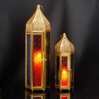 Set of 2 Decorative Ramadan Candle Lanterns - Metal, Tempered Glass, Hanging Tealight, Moroccan Style, Indoor/Outdoor Party Decor Lootquake LLC