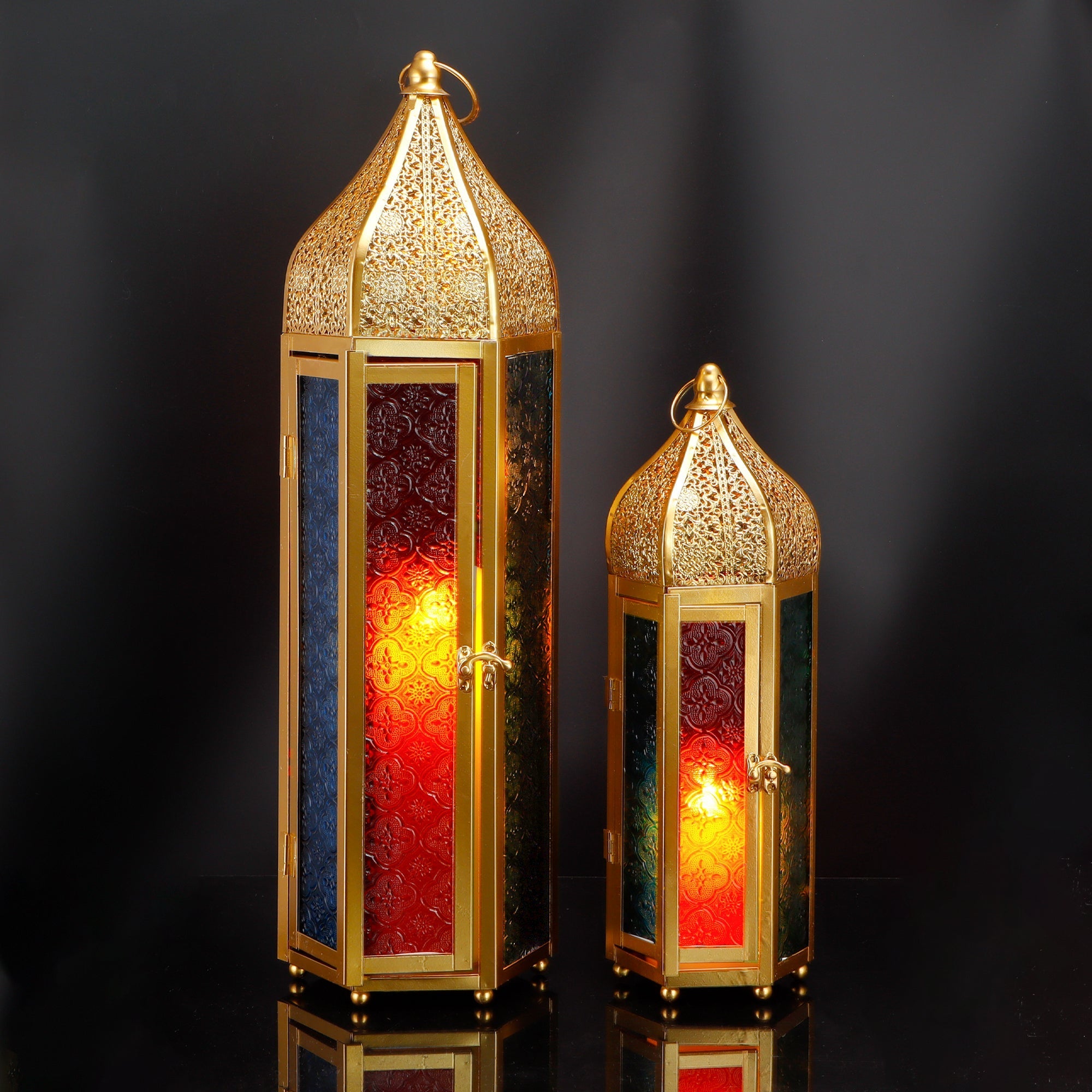 Set of 2 Decorative Ramadan Candle Lanterns - Metal, Tempered Glass, Hanging Tealight, Moroccan Style, Indoor/Outdoor Party Decor Lootquake LLC