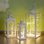 Metal Candle Lantern Set (3pcs, 12/15/19"): Tall Hanging, Tempered Panels, White (Indoor/Outdoor)