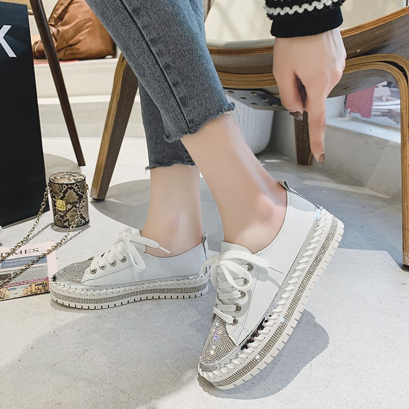 Womens Leopard Sneakers Women Canvas Shoes Leisure Lace-Up Sneakers Rhinestone Shiny Flat Charming Shoes Platform Leisure Low Sneakers Stevvex