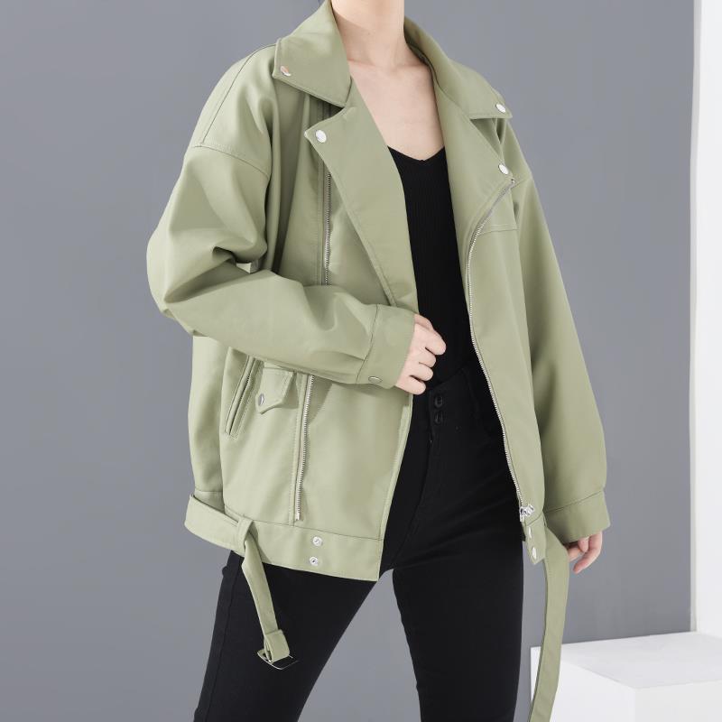 PU Faux Leather Jacket Women Loose Sashes Casual Biker Jackets Outwear Female Tops BF Style Black Leather Jacket Coat Stevvex