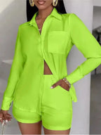 Fashion Two Piece Outfits Women's Turn-down Collar Pocket Design Button Shirt Top & Shorts Set New Summer Women Solid 2pcs Sets Purplish Diva