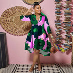 Women Sexy Fashion Printed Shirt Dresses Chic V Neck Loose Long Sleeve Dress Causal Vacation Female Mini Vestidos Robe Clothing Purplish Diva