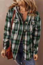 Dark Green Drawstring Pocketed Plaid Hooded Jacket Cozy & Trendy Checkered Outerwear For All Seasons Stevvex