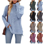High Collar Loose Long Sleeve Split T-shirt Top For Women Pi-Mart