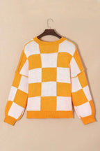 Orange Checkered Bishop Sleeve Sweater - Femstylo