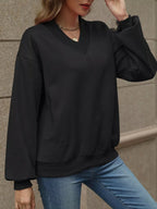 V-Neck Solid Color Casual Sweatshirt THRIXINE