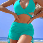Coastal Curve Halter Bikini Set for Women – V-Neck Crisscross Drawstring Swimsuit with Chic Ring Detail & High-Waisted Boxer Shorts for Summer – Sleek Two-Piece Nylon Swimwear for Women’s Beach & Poolside Style
