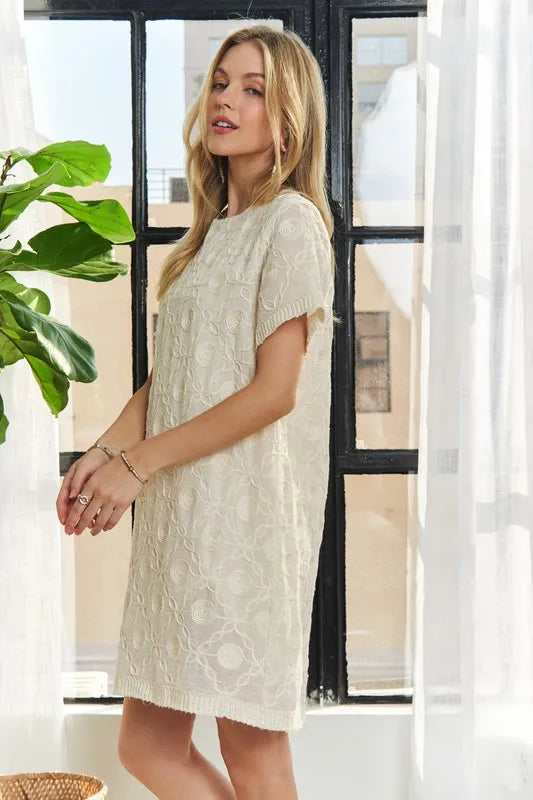 Applique Round Neck Short Sleeve Shift Dress – Timeless & Elegant Round Neck Shift Dress with Sophisticated Applique Detailing for Versatile Day-to-Night Wear Stevvex