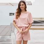 Women's Round Neck Short-sleeved Lace-up Jumpsuit Pi-Mart