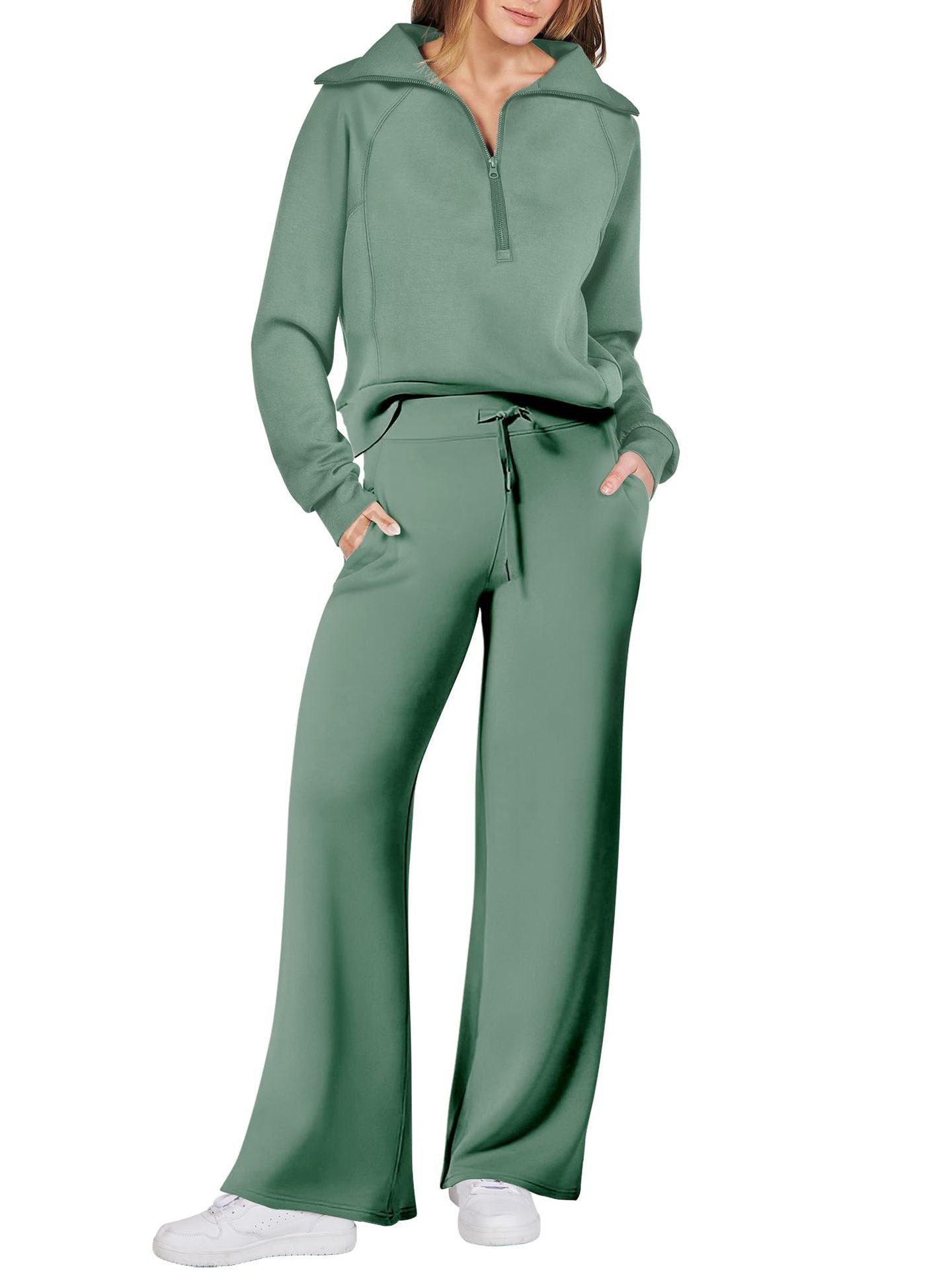 Leisure Sports Suit Long-sleeve Zipper Sweatshirt Wide Leg Pants Two-piece Set Pi-Mart