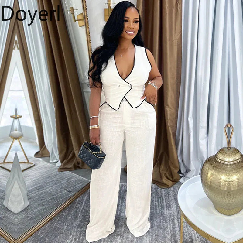 Doyerl Vintage Elegant 2 Piece Sets Woman Outfit Workwear Patchwork Double-breasted Vest Top and Wide Leg Pants Matching Sets Purplish Diva