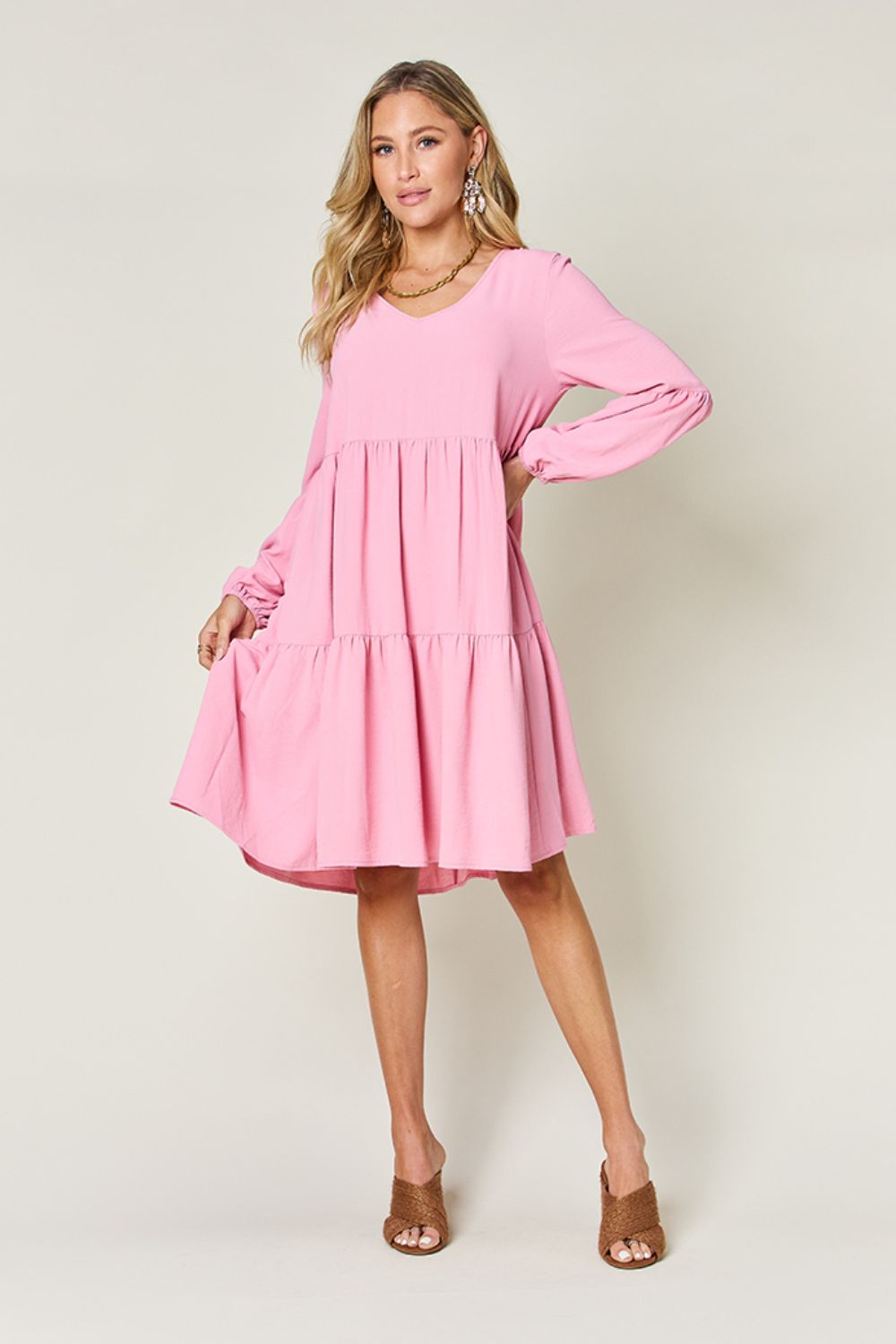 Light Green Double Take Full Size V-Neck Sleeve Tiered Dress with Pockets Elegant & Comfortable Casual Dress Stevvex