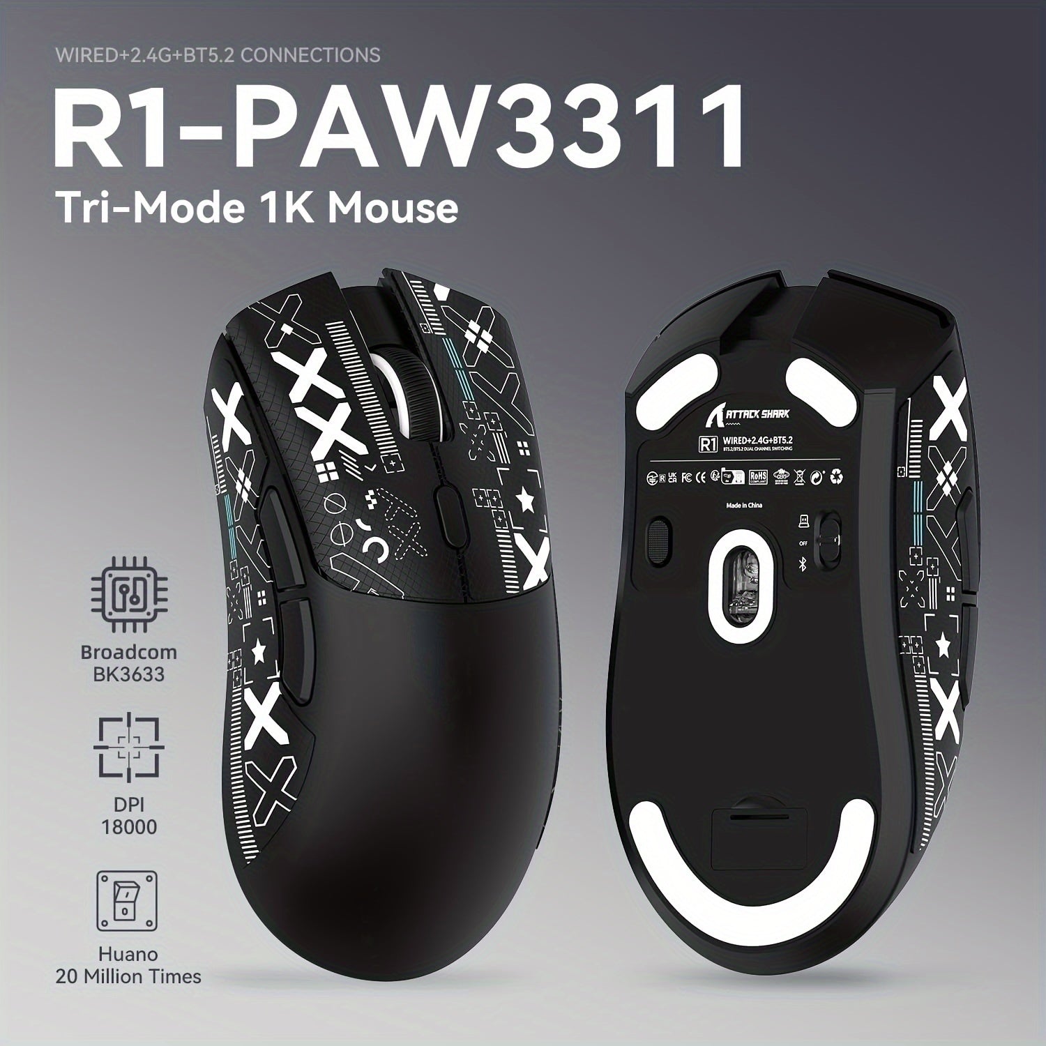 ATTACK SHARK R1 PRO 59g SUPERLIGHT Mouse, PixArt PAW3311 Gaming Sensor, BT/2.4G Wireless/Wired Gaming Mouse, 6 Adjustable Up To 18000, 65 Hrs Battery, Office Mice For Win11/Xbox/PS/Mac (()Black ) Lootquake LLC
