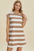 Full Size Striped Round Neck Cap Sleeve Mini Dress For Women – Striped Mini Dress, Full-Size Round Neck Dress, Comfortable Cap Sleeve Dress, Chic Striped Dress, Flattering Mini Dress, Casual Everyday Dress, Versatile Striped Dress Stevvex