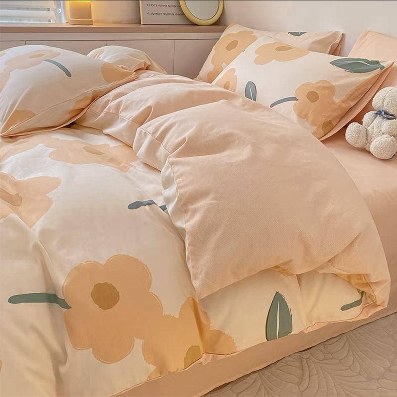 Washed Cotton Bedding Set - Plant and Flower Pattern Four-Piece Duvet Cover Set Pi-Mart