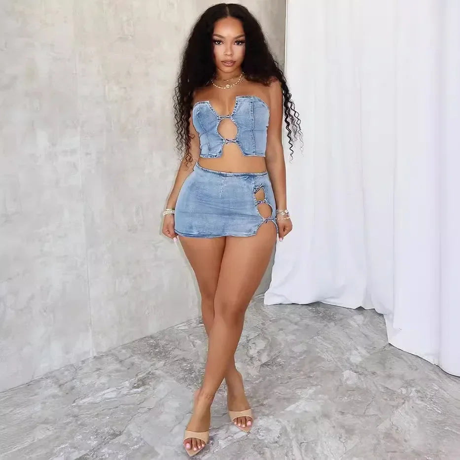 Sexy Denim Strapless Top Sleeveless Hollow Out Two Piece Sets Women Crop Tops Mini Skirt Cowboy Outfits Streetwear Skirts Suits Purplish Diva
