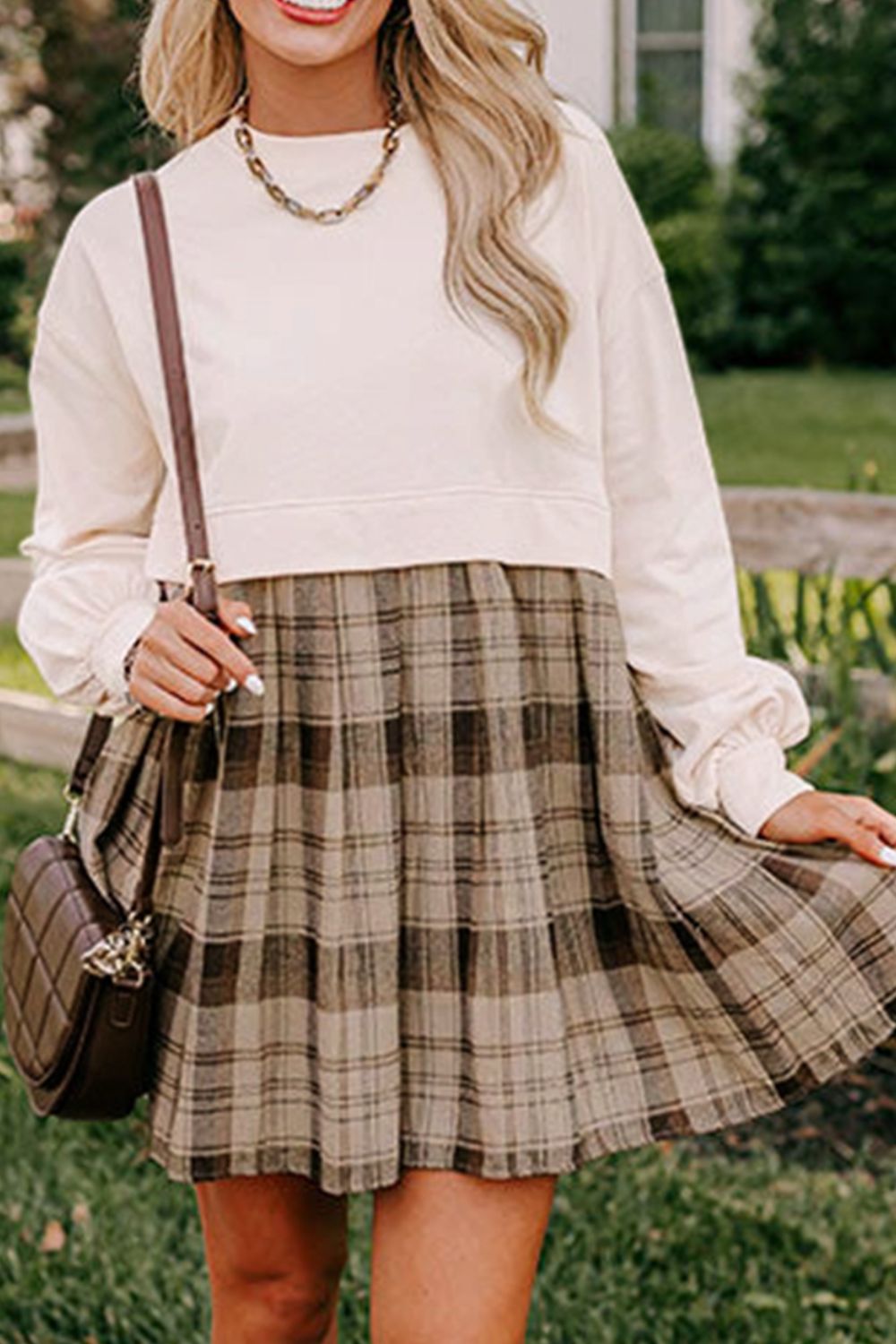 Vintage Plaid Round Neck Long Sleeve Mini Dress Cozy & Stylish Dress Retro Design Dress For Party Stevvex