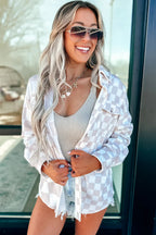 Khaki Checkerboard Shacket | Button Front Flap Pocket Jacket -Femstylo