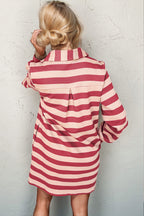 Deep Rose Full Size Striped Contrast Collared Neck Long Sleeve Dress Modern & Stylish Women’s Wear Stevvex