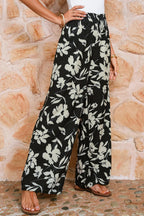 Blue Floral Smocked Frill Waist Wide Leg Pants