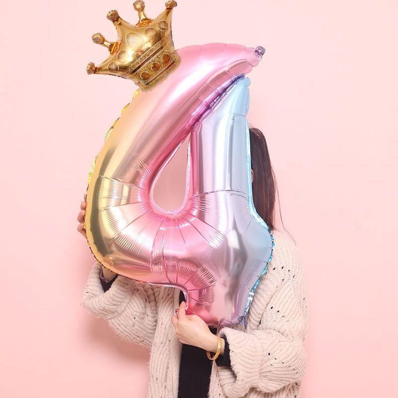 Luxury Gradient Modern 32inch Rainbow number Foil Balloons For Birthday party Decorations Kids Rose Ballons With Crown From 0-9 Numbers - SJB-DIAMOND ELITES